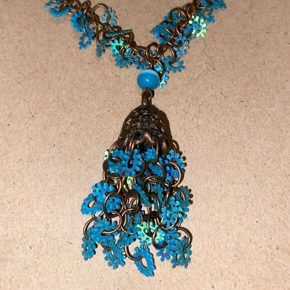 Blue / teal brass vintage looking necklace - Picture 4 of 5